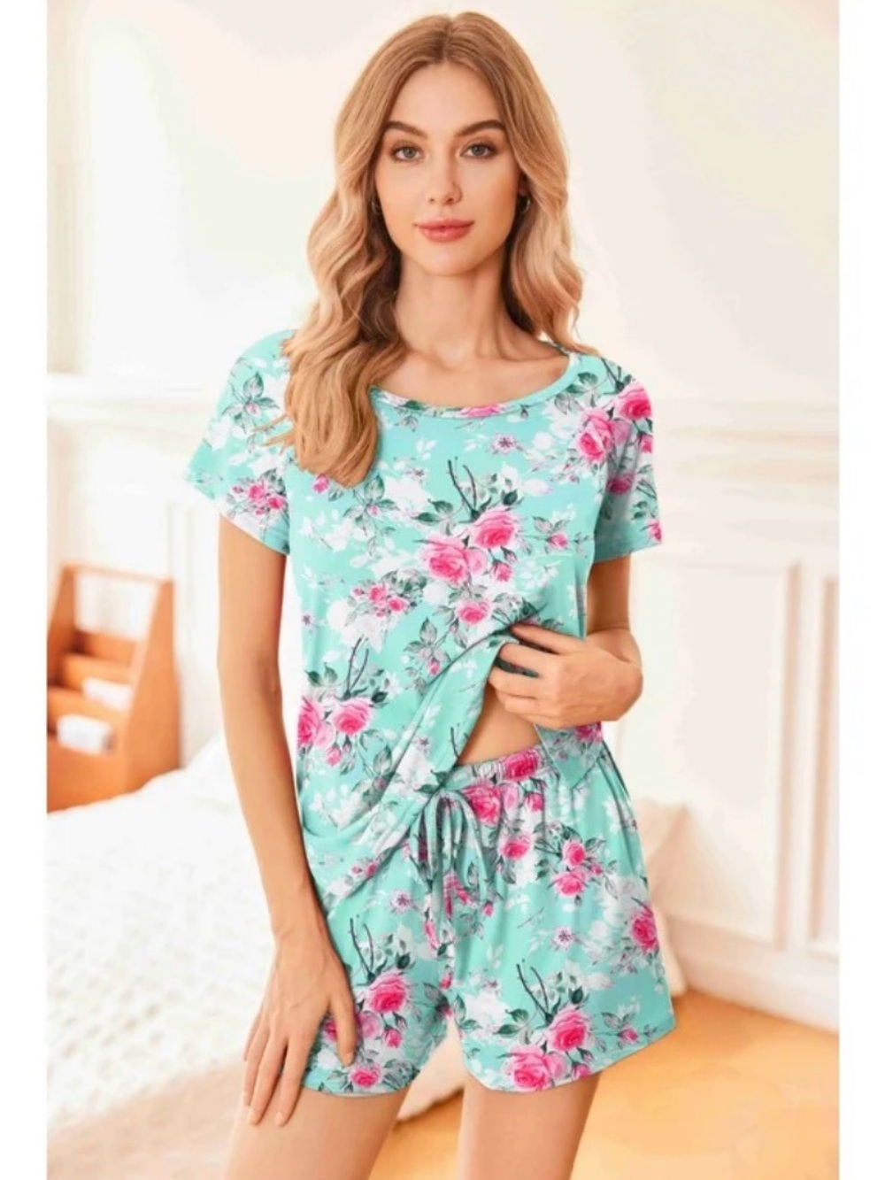 Floral Short-Sleeve Pajama Set in Mint with Pink Roses